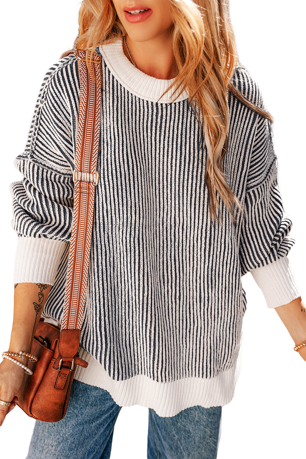 Chestnut Striped Contrast Trim Loose Sweater