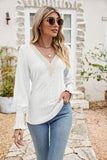 Eyelet V-Neck Smocked Flounce Sleeve Blouse - PD SECRET REALM