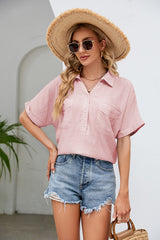 Half Button Johnny Collar Blouse