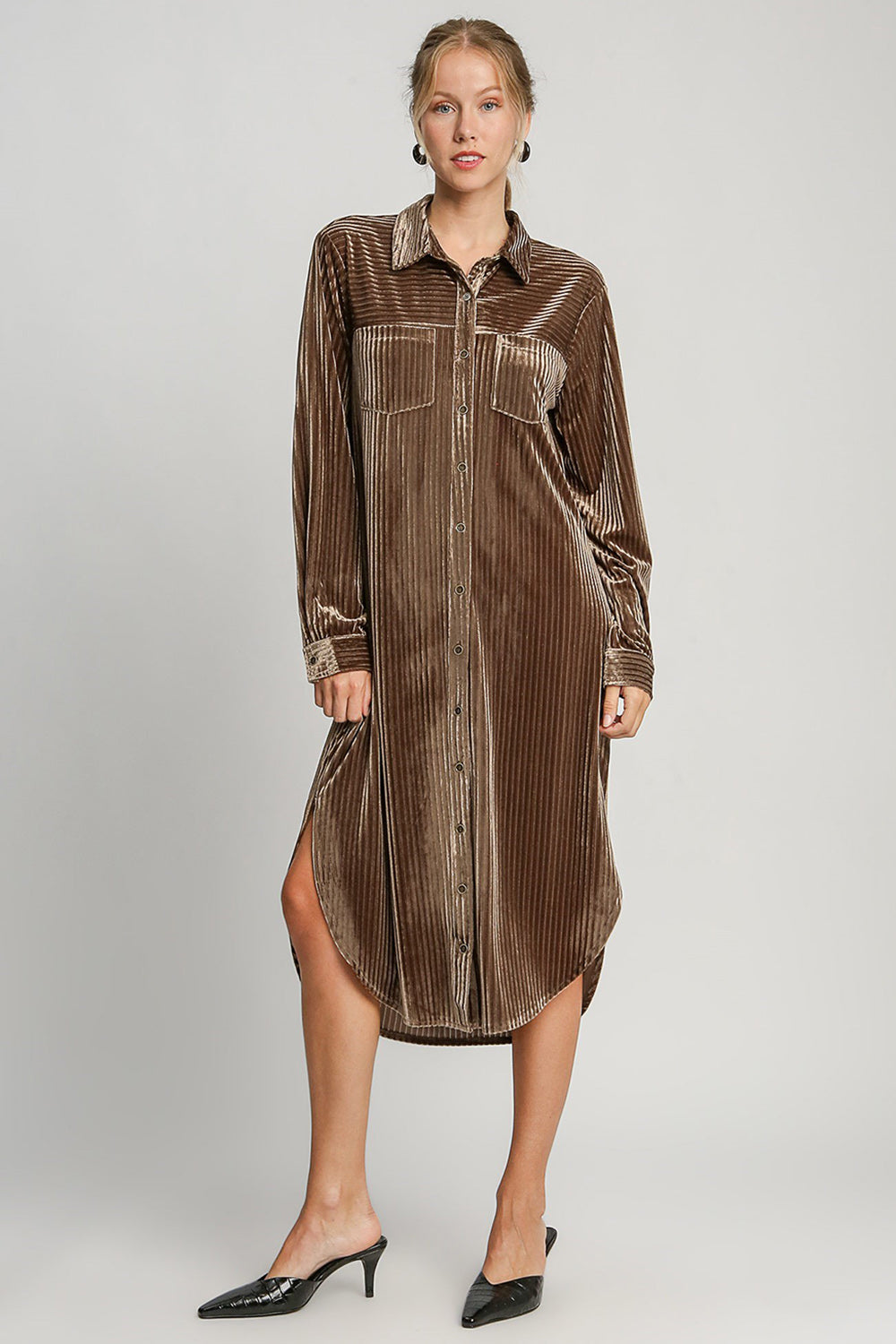 Texture Curved Hem Button Down Shirt Dress