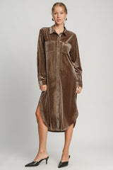 Texture Curved Hem Button Down Shirt Dress