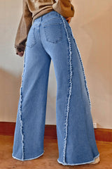 Beau Blue Vintage Stitching Raw Hem Flared Jeans