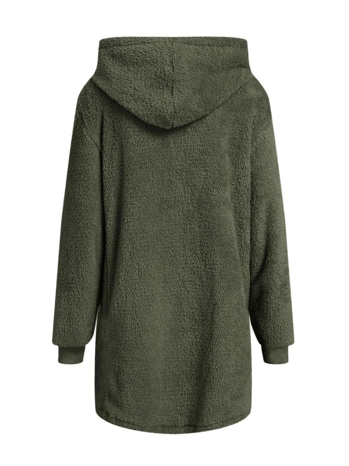 Fuzzy Pocketed Zip Up Long Sleeve Hooded Jacket - PD SECRET REALM