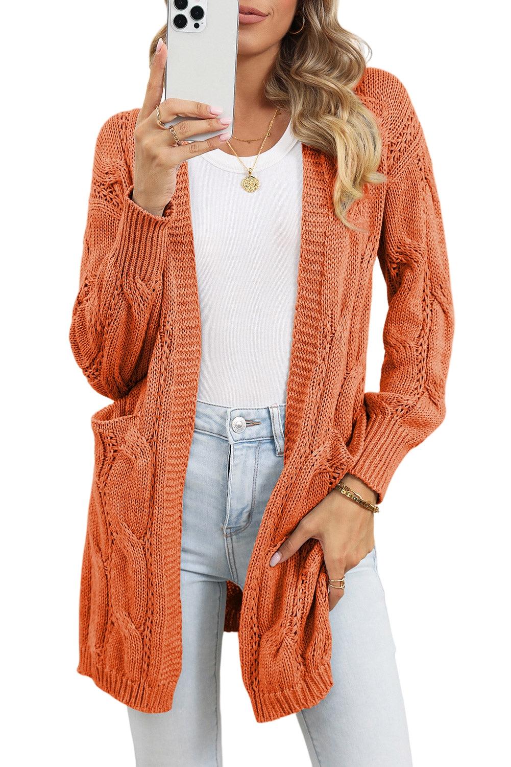 Khaki Ribbed Trim Hollow Knit Side Slits Cardigan