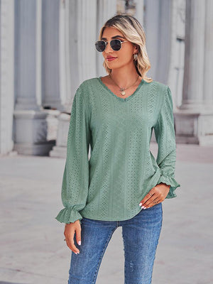 Eyelet V-Neck Flounce Sleeve Blouse - PD SECRET REALM