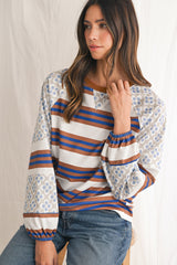 White Striped Floral Patchwork Lantern Sleeve Top