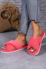 Rose Red Criss Cross Open Toe Fuzzy Slippers