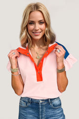 Full Size Contrast Half Snap Short Sleeve Blouse