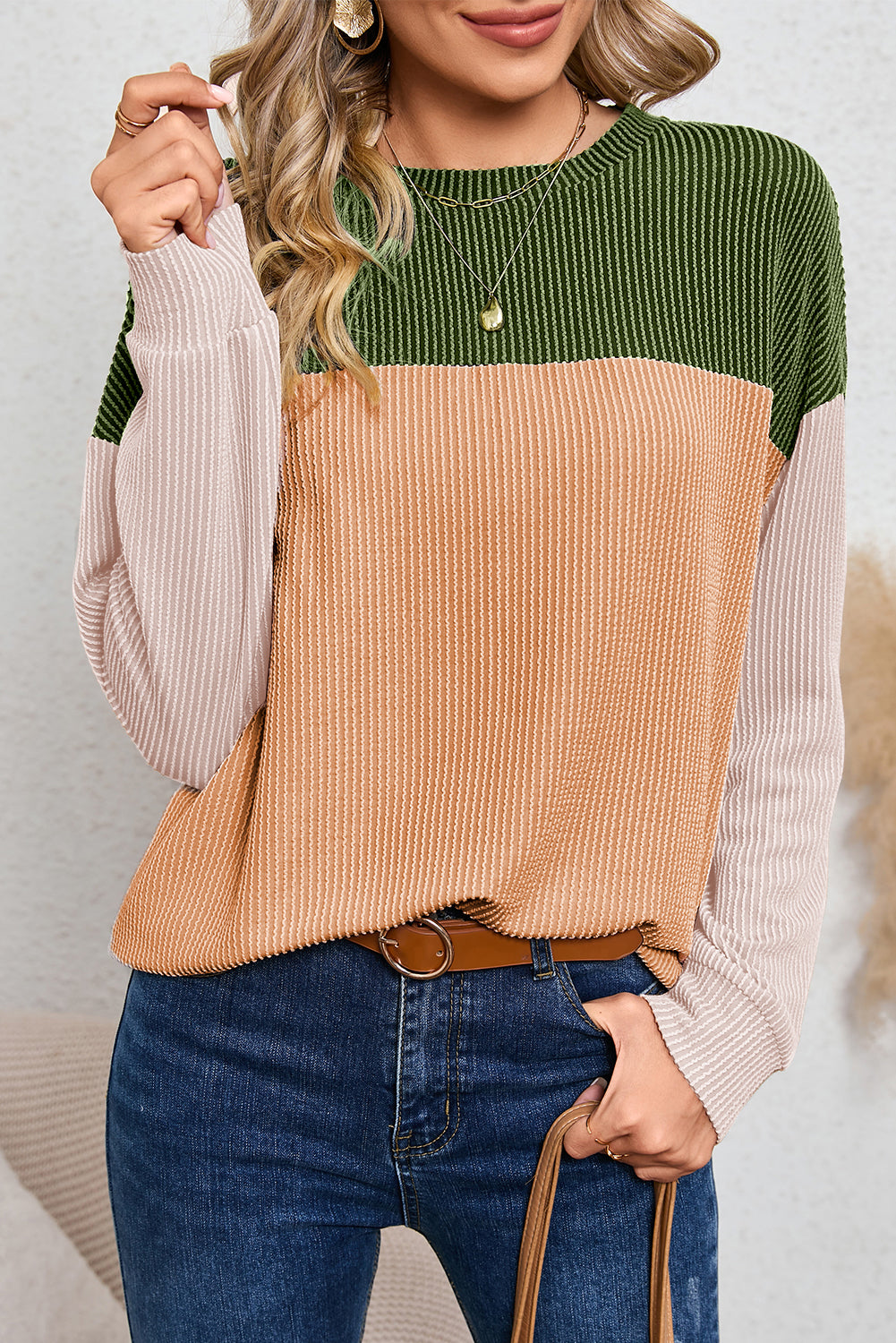 Khaki Color Block Ribbed Loose Long Sleeve Top