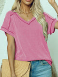 Exposed Seam V-Neck Short Sleeve Top - PD SECRET REALM