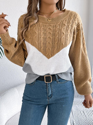 Cable-Knit Color Block Round Neck Sweater - PD SECRET REALM