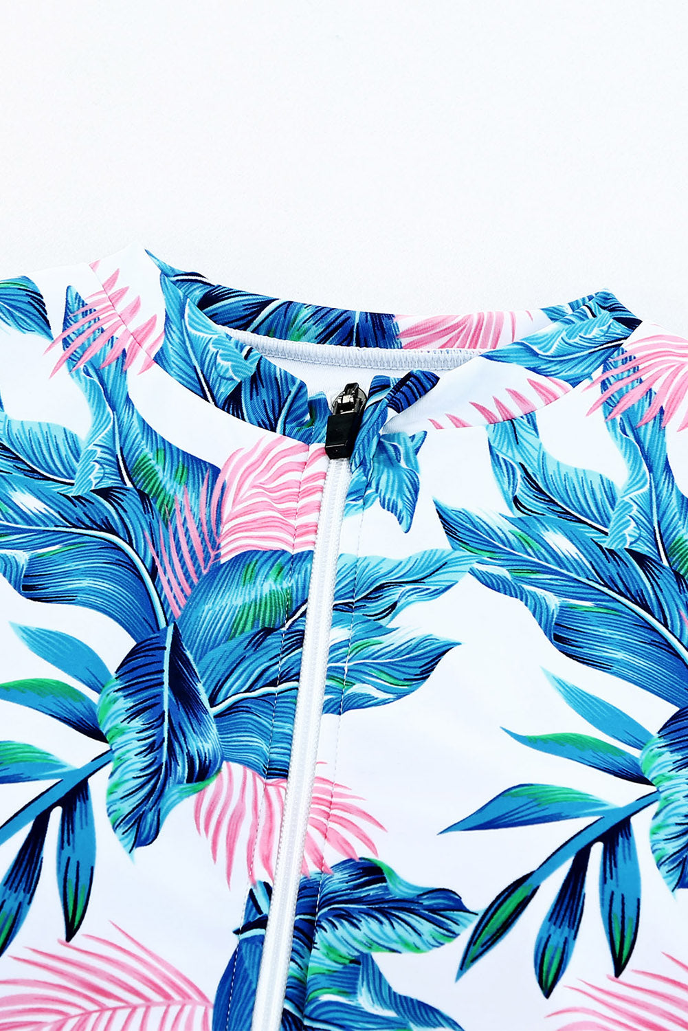 Blue Plant Print Zip Front Half Sleeve One Piece Swimsuit