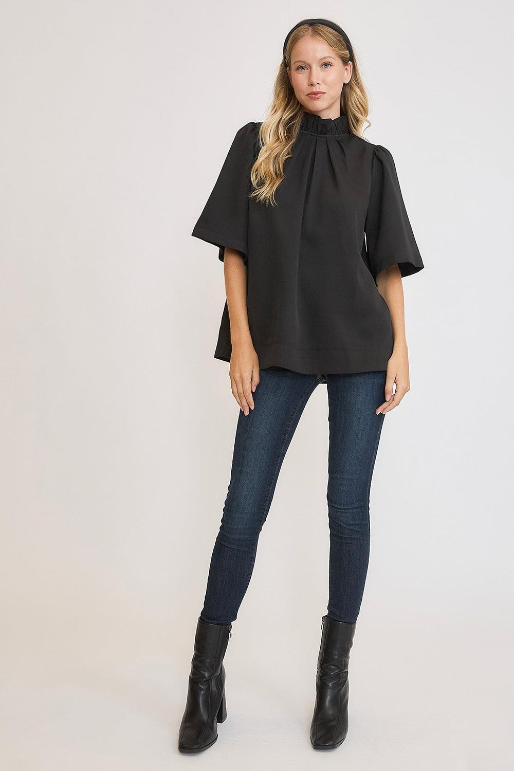 Bow Tie Back Mock Neck Half Sleeve Blouse - PD SECRET REALM