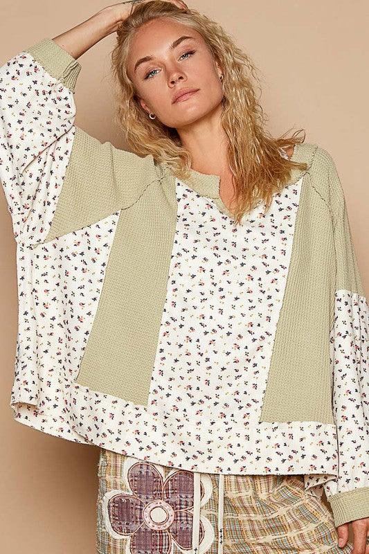 Waffle Knit Floral Notched Long Sleeve Top - PD SECRET REALM