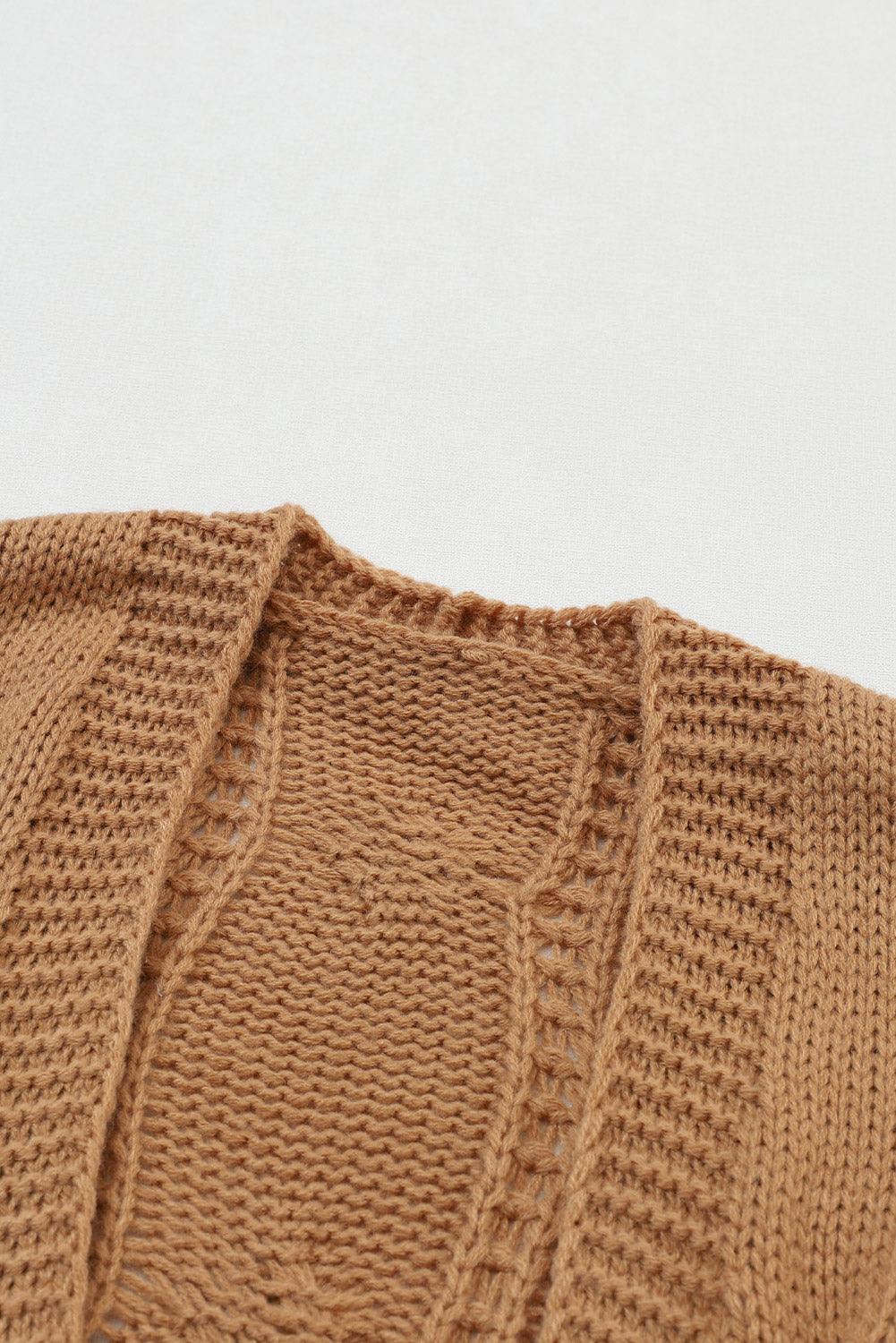 Khaki Ribbed Trim Hollow Knit Side Slits Cardigan