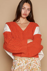 Cable Knit Quilting Patch V-Neck Contrast Sweater