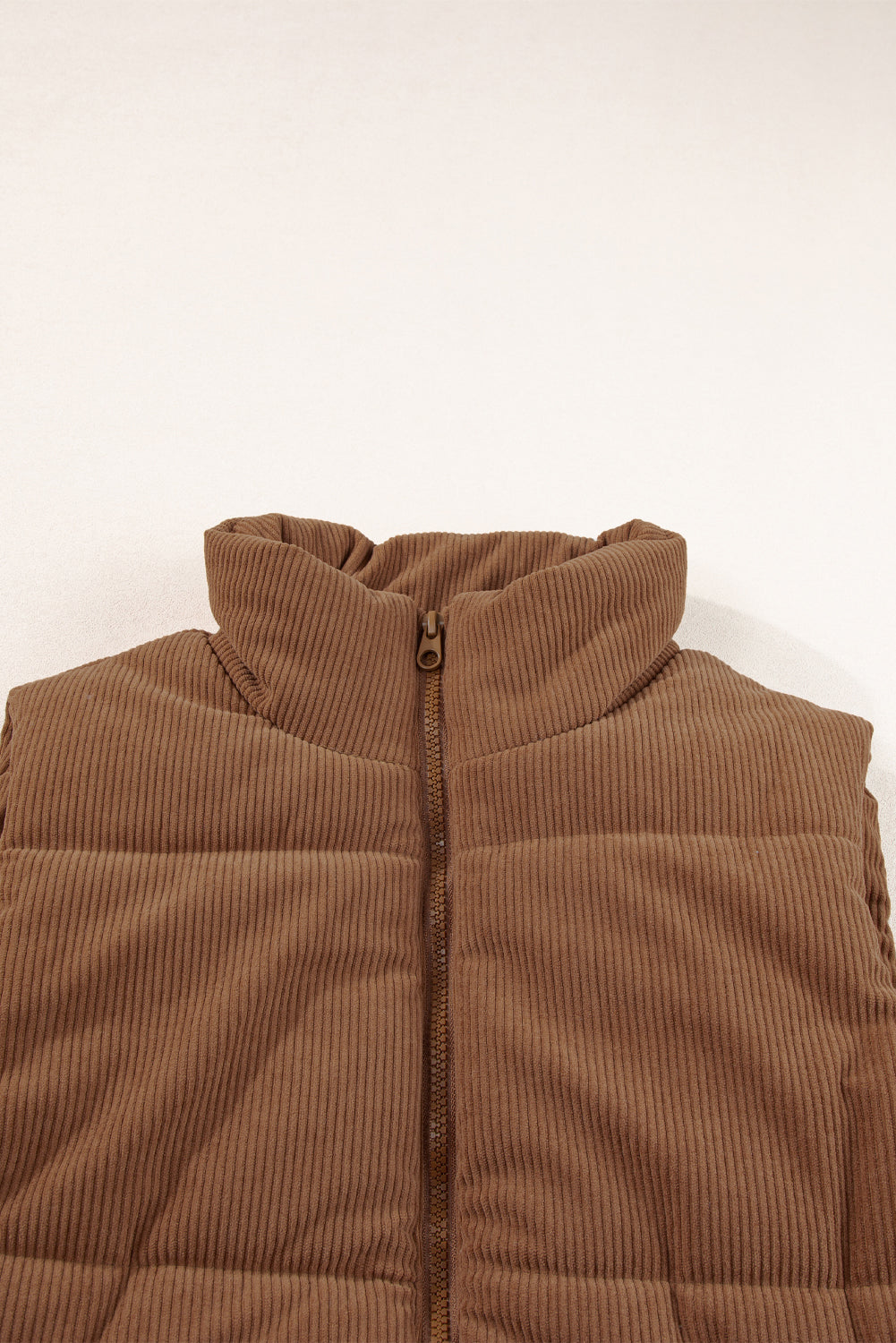 Coffee Solid Color Corduroy Puffer Vest Coat