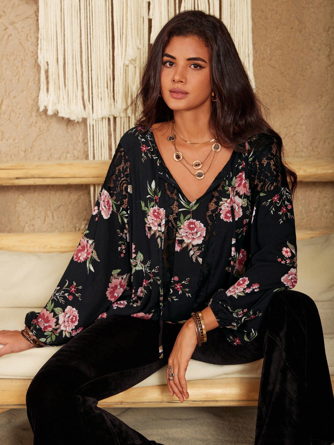 Flower Printed Tie Neck Long Sleeve Blouse