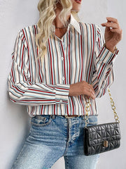 Perfee Contrast Striped Collared Neck Long Sleeve Shirt