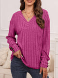 Ribbed V-Neck Long Sleeve T-Shirt - PD SECRET REALM