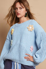 Crochet Flower Round Neck Dropped Shoulder Sweater