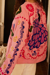 Pink Ethnic Floral Side Pockets Coat