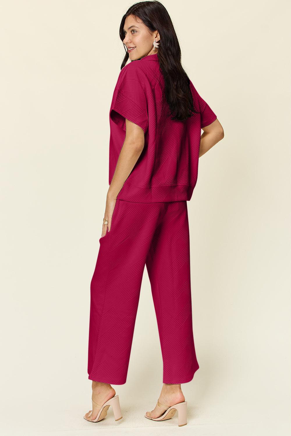 Double Take Full Size Texture Half Zip Short Sleeve Top and Pants Set