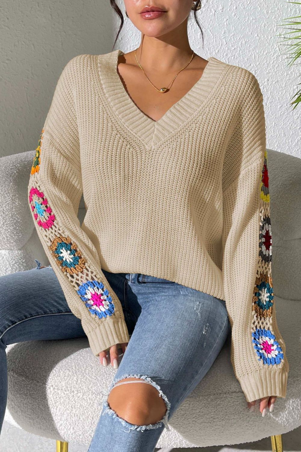 Crochet Flower V-Neck Sweater