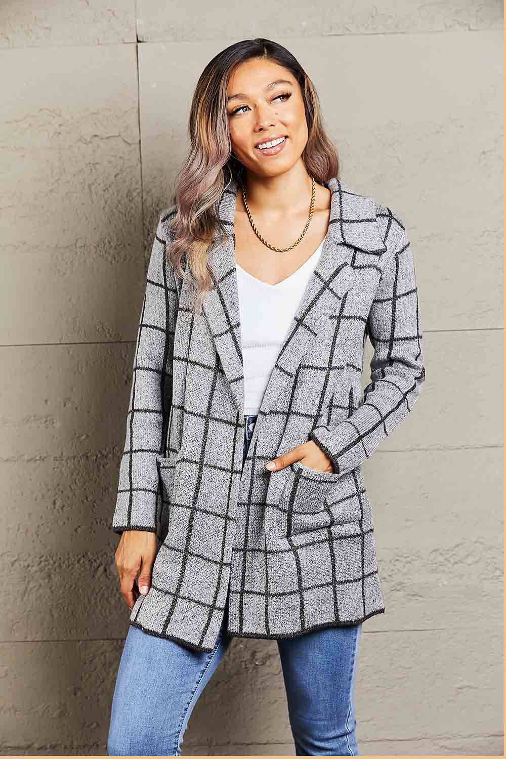 Printed Open Front Lapel Collar Cardigan with Pockets