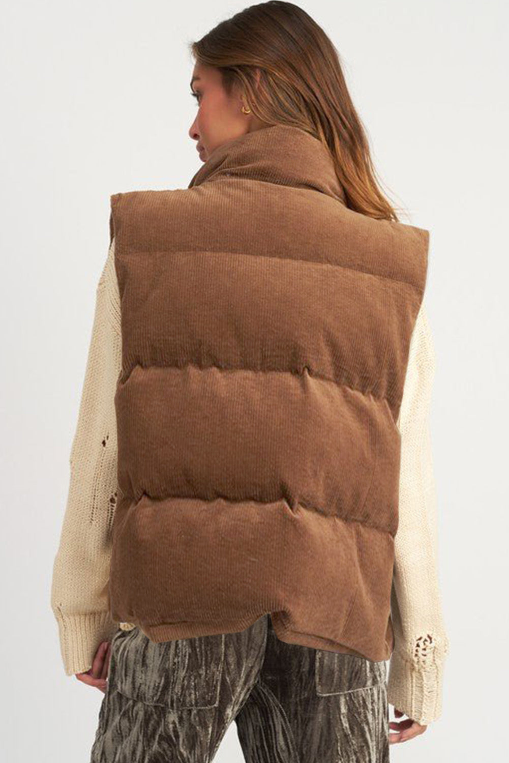 Coffee Solid Color Corduroy Puffer Vest Coat