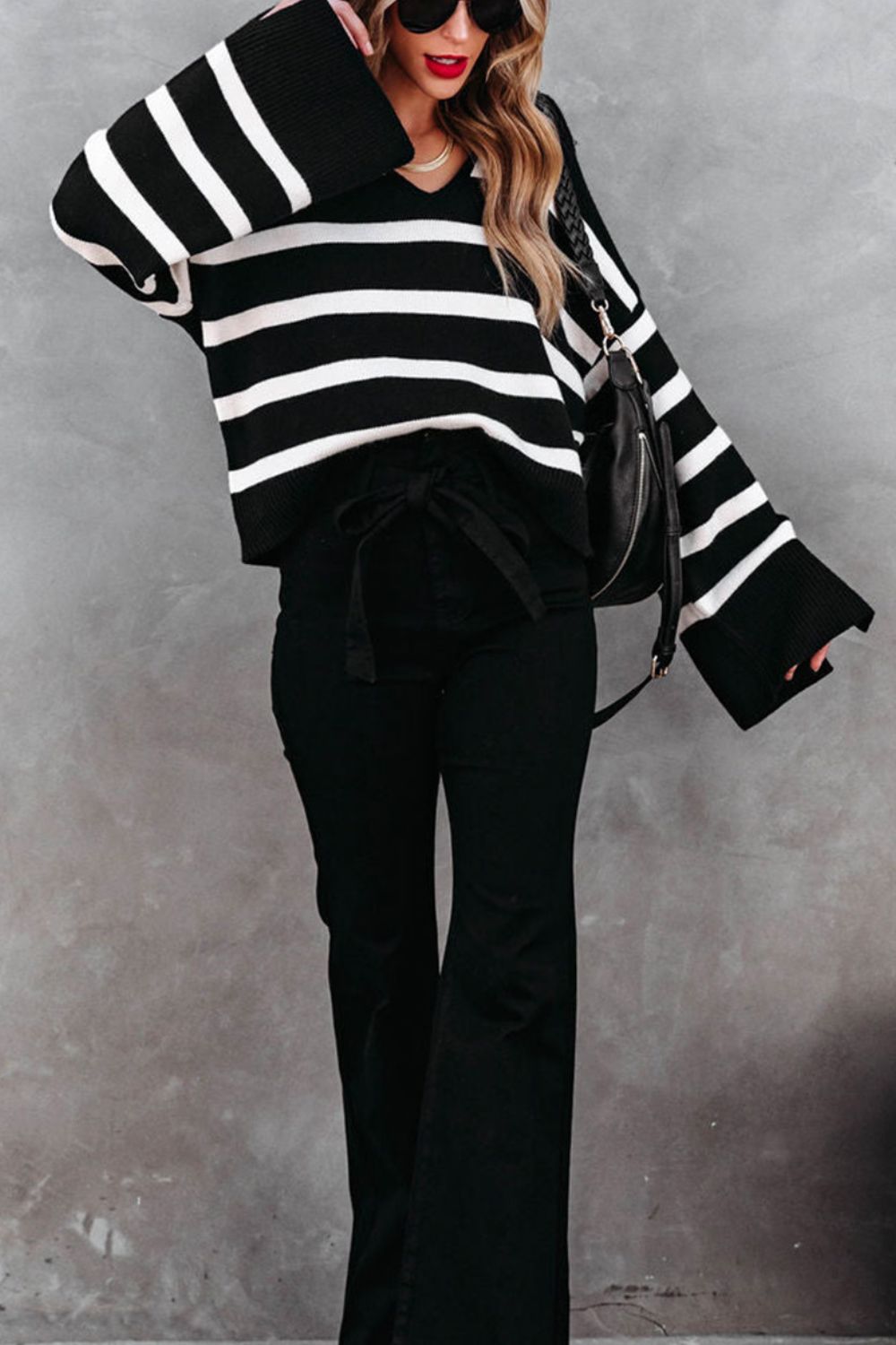 Striped Jnny Collar Long Sleeve Sweater