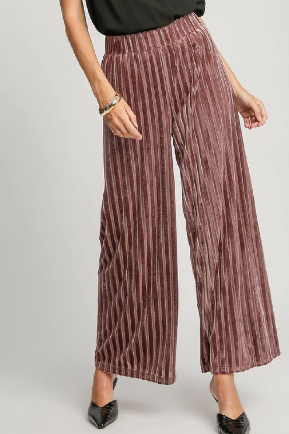 Full Size Elastic Waist Striped Wide Leg Velvet Pants