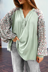 Meadow Mist Green Floral Print Bubble Sleeve Henley Loose Top