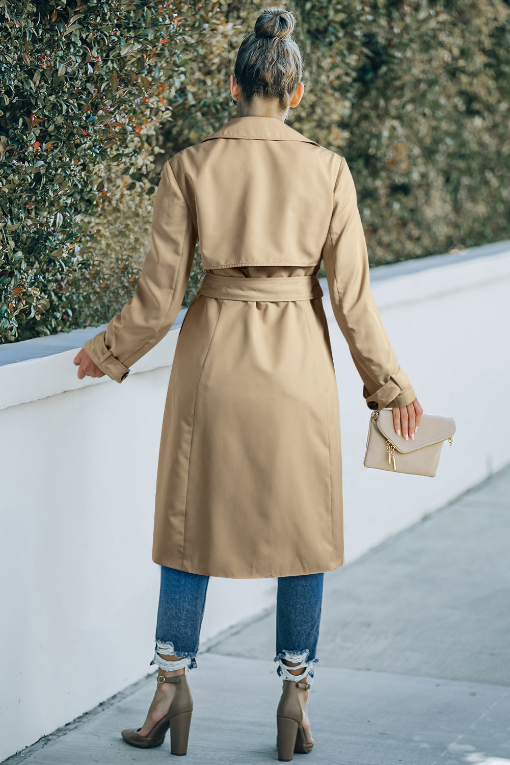 Pale Khaki Solid Color Lapel Collar Pocket Wind Coat