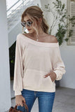 Boat Neck Waffle-Knit Lantern Sleeve Blouse with Pocket - PD SECRET REALM