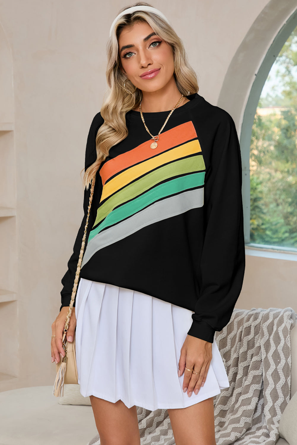 Black Rainbow Colorblock Pullover Sweatshirt