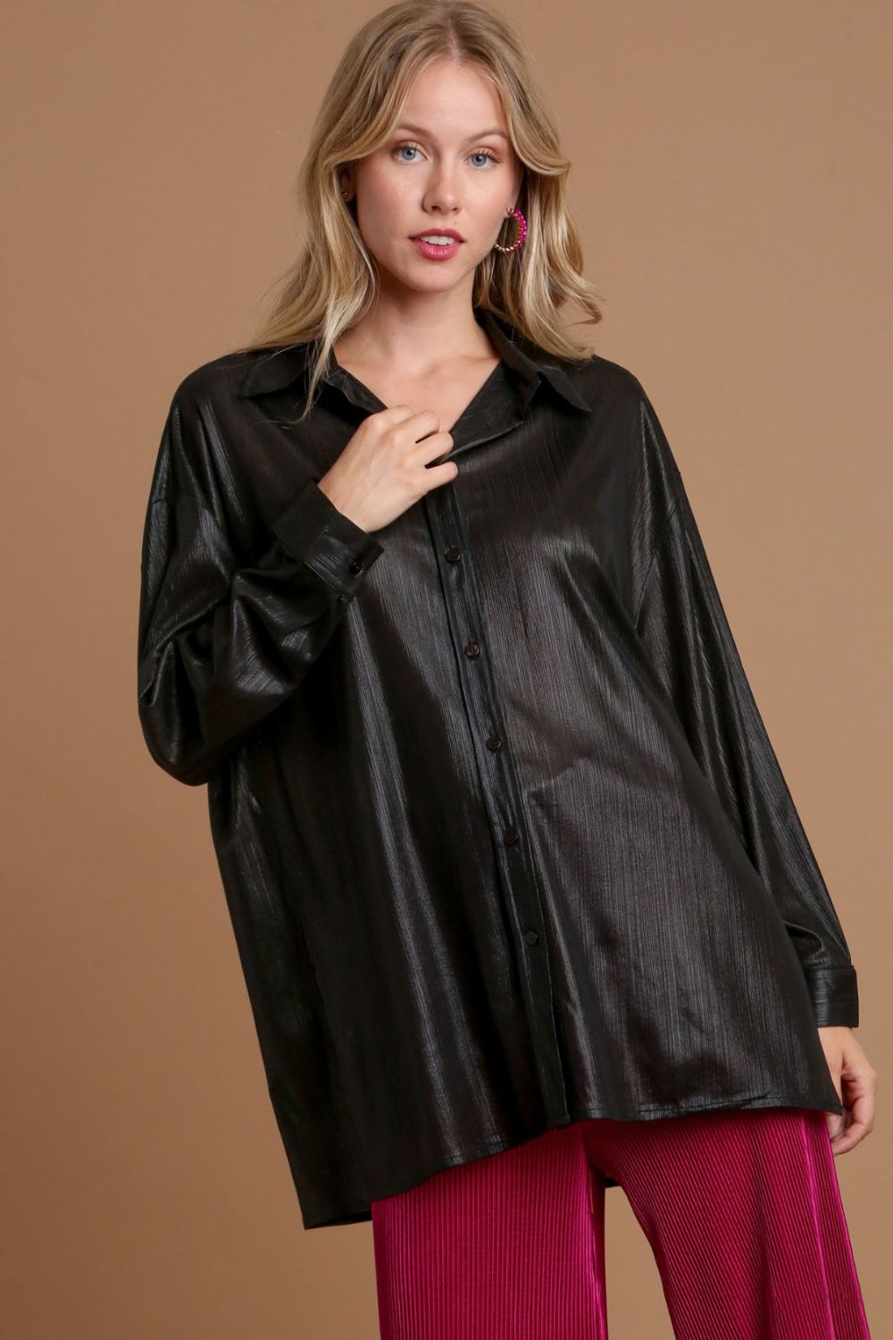 Side Slit Button Up Long Sleeve Shirt