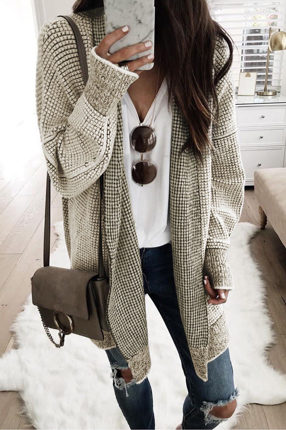 Grey Plaid Contrast Trim Casual Knit Cardigan