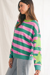 Pink Stripe Star Patchwork Round Neck Pullover Sweatshirt