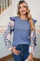 Ashleigh Blue Ruffle Floral Sleeve Patchwork Waffle Top