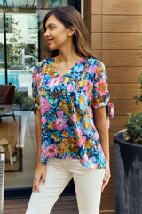 Petal Dew Full Size Floral V-Neck Tie Detail Blouse - PD SECRET REALM