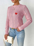 Cable-Knit Heart Round Neck Long Sleeve Sweater - PD SECRET REALM