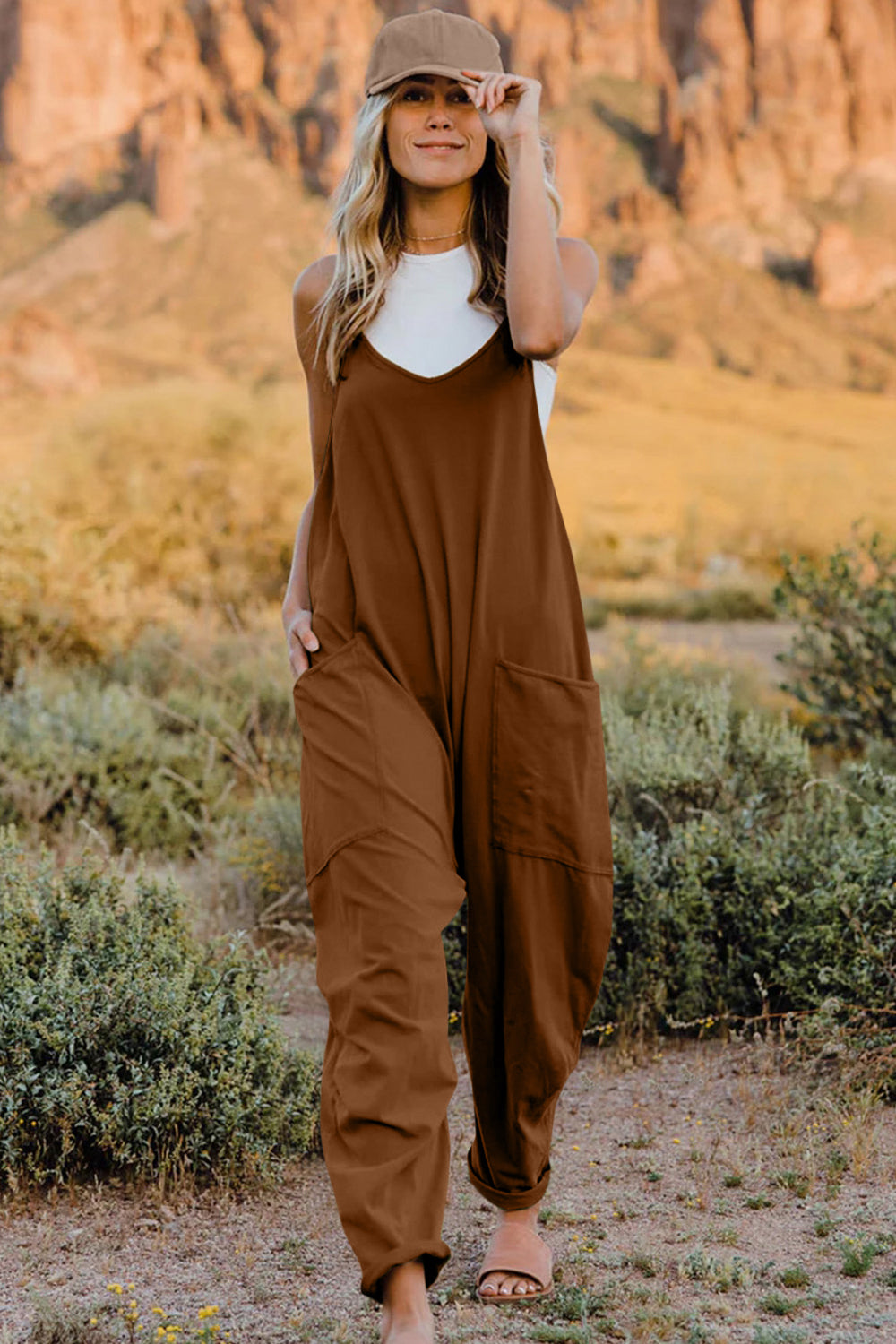 Full Size V-Neck Sleeveless Jumpsuit with Pockets