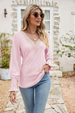 Eyelet V-Neck Smocked Flounce Sleeve Blouse - PD SECRET REALM