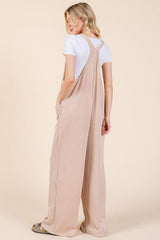 BOMBOM Knot Straps Wide Leg Ribbed Overalls with Pockets