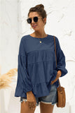 Round Neck Bubble Sleeve Tiered Blouse - PD SECRET REALM