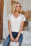 Eyelet V-Neck Lace Short Sleeve T-Shirt - PD SECRET REALM