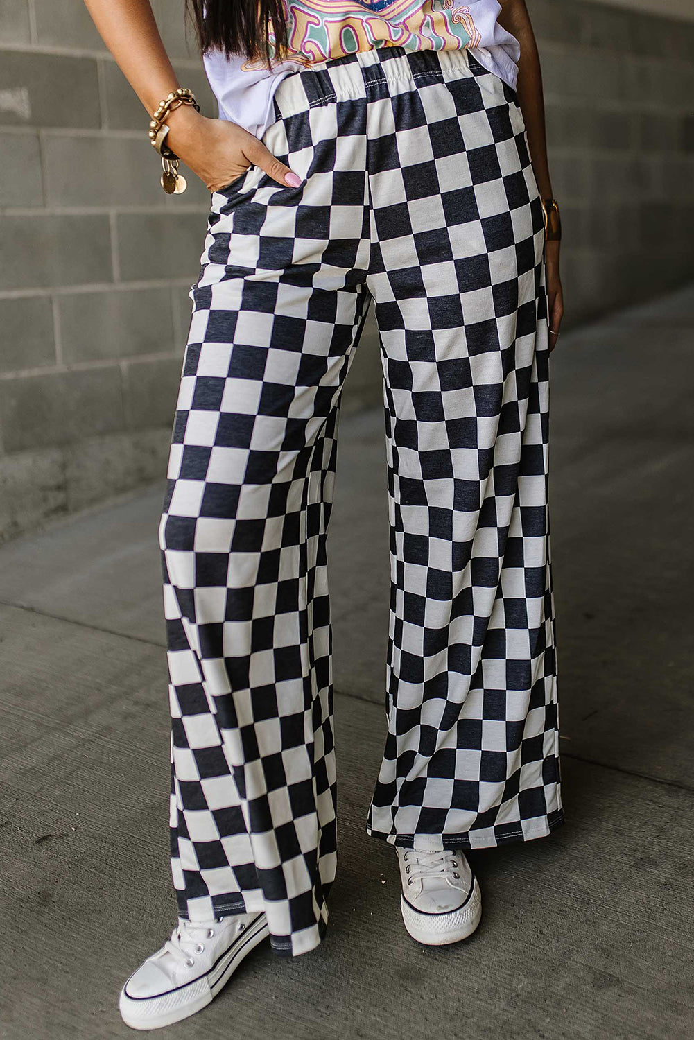 Bonbon Checkered Print High Waist Wide Leg Pants