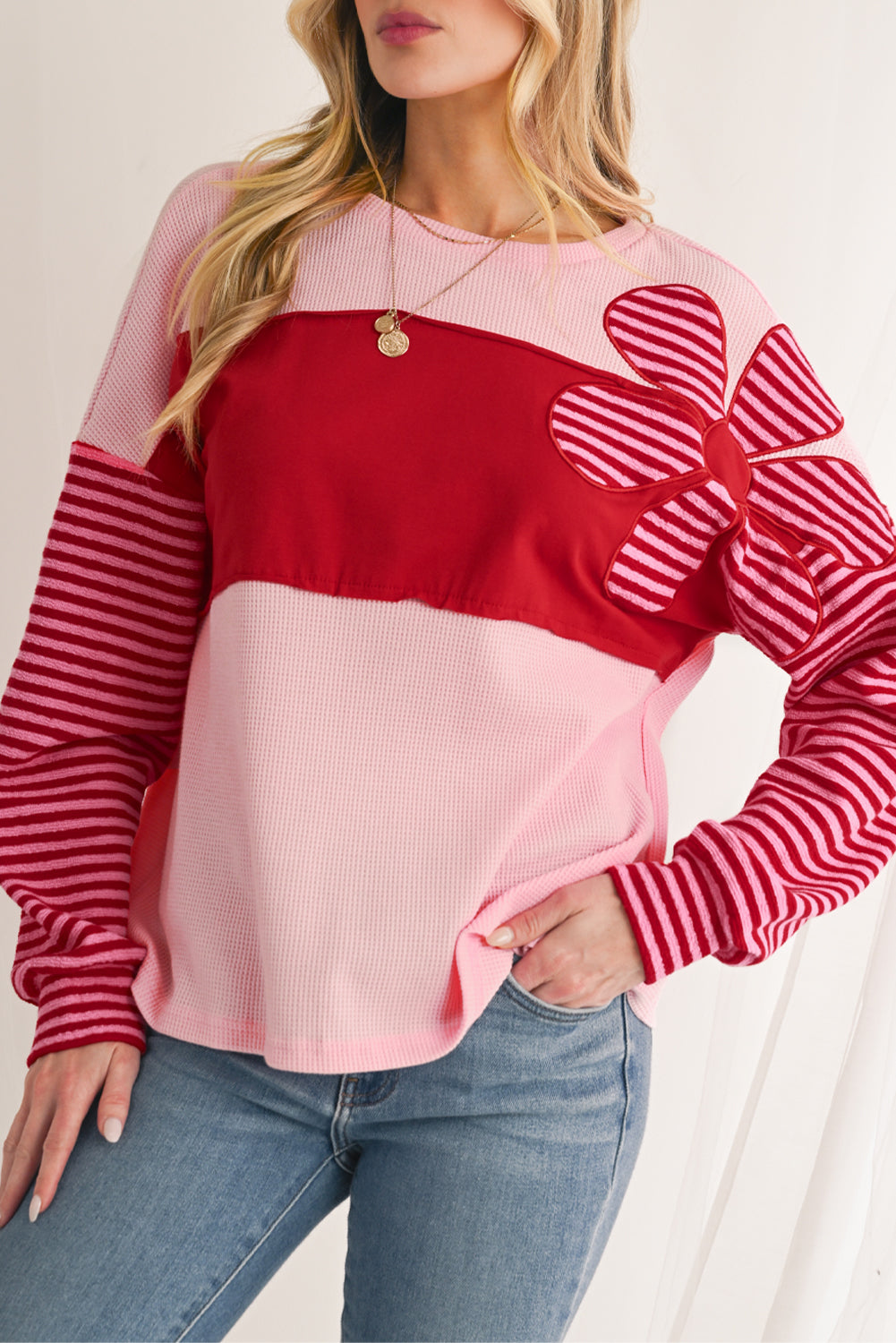 Pink Floral Colorblock Striped Sleeve Crinkle Waffle Patchwork Top