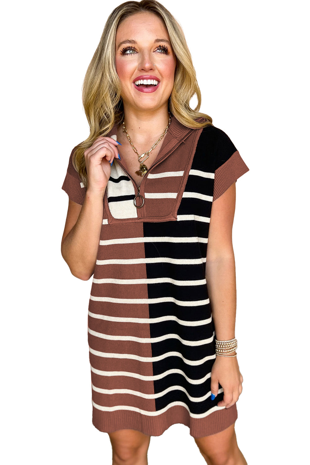 Khaki Stripe Color Block Short Sleeve Quarter Zip Mini Dress